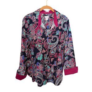 Chico's Button Up Shirt Blouse Navy with Purple Paisley Floral Womans 3/XL